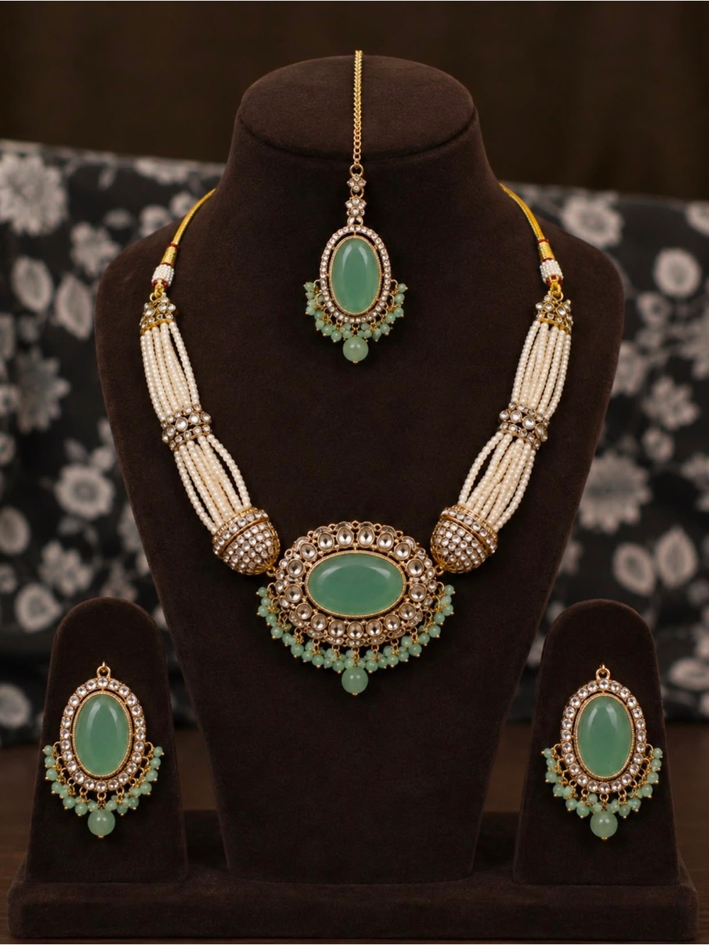 Mint Serenity Pearl & Kundan Statement necklace set - Earrings & Tikka